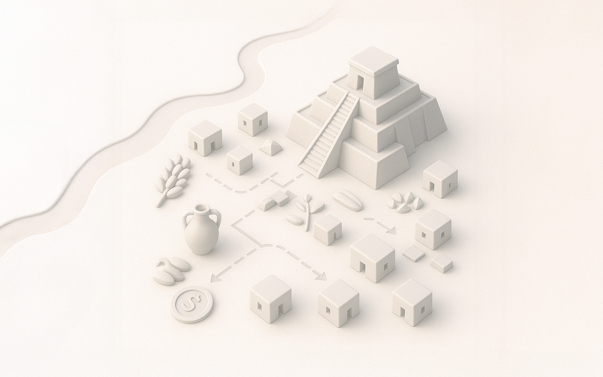 Imagen isométrica de una ciudad de Mesopotamia representando cómo ha mutado en el tiempo el concepto de Banco.